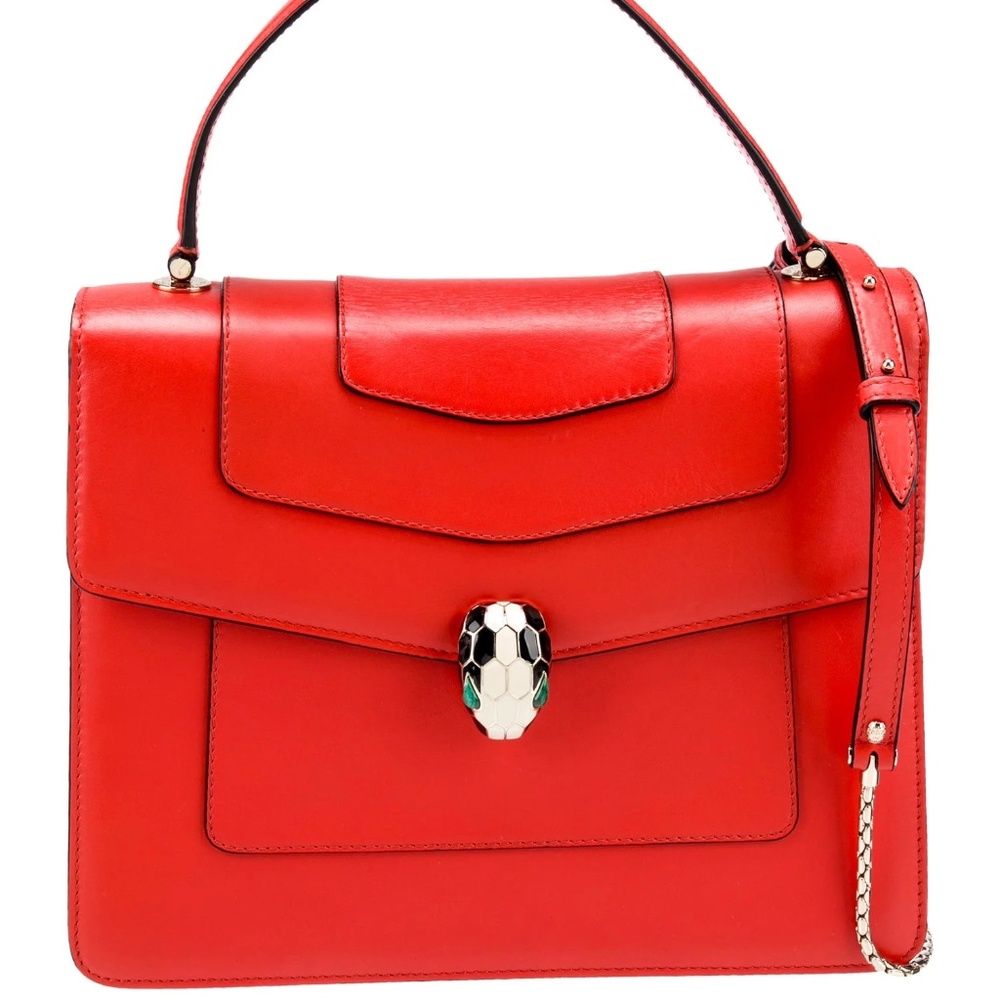 $3,850 BVLGARI Serpenti Forever Top Handle Crossbody Leather Bag Red Medium Fine